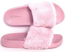 Pink Slides Shower Slippers Furry Faux Fur Sandals Trillium Women's Size 9