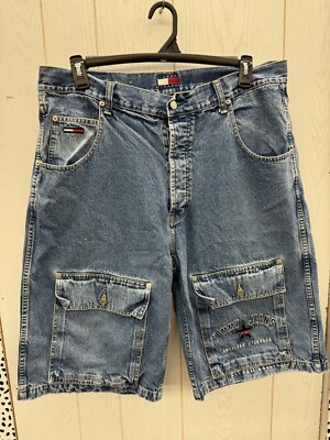 Vintage Tommy Hilfiger Denim Jean Shorts Jorts Baggy Spell out 90s Y2K Sz  38
