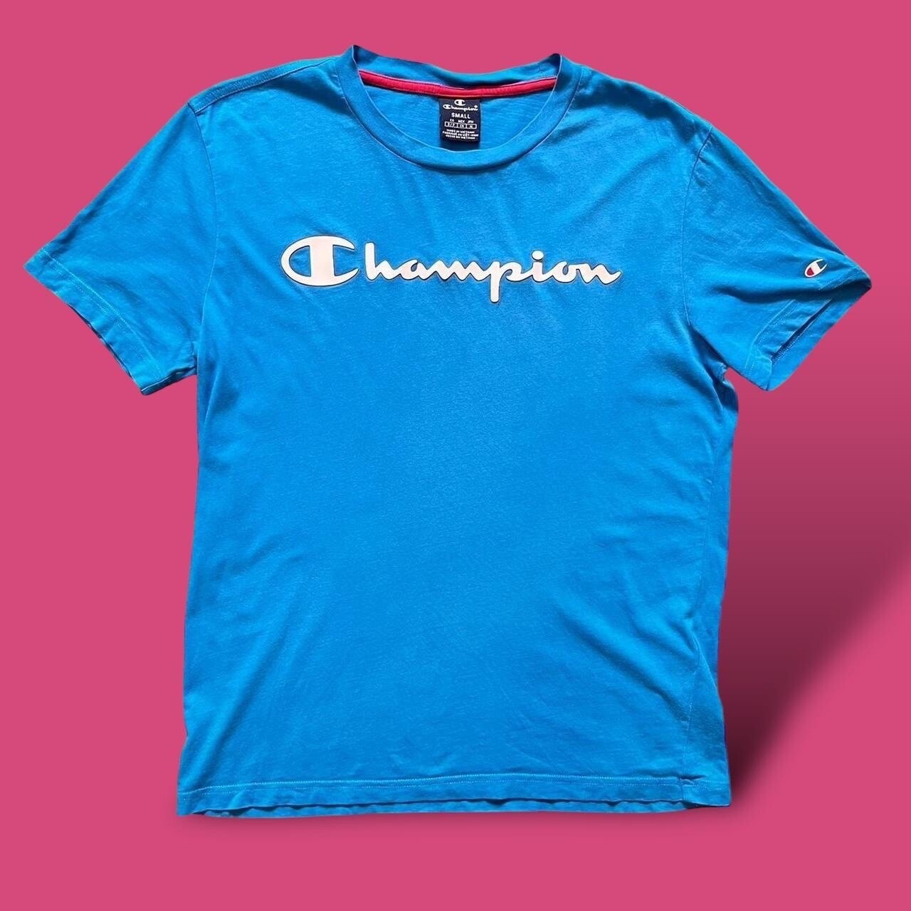 Champion Retro Streetwear Blue Textured Logo Cotton T-Shirt Size S  