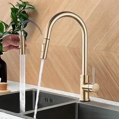 WEWE Brushed Gold Kitchen Sink Faucet Pull Down Sprayer Swivel Single Handle Mix Tap