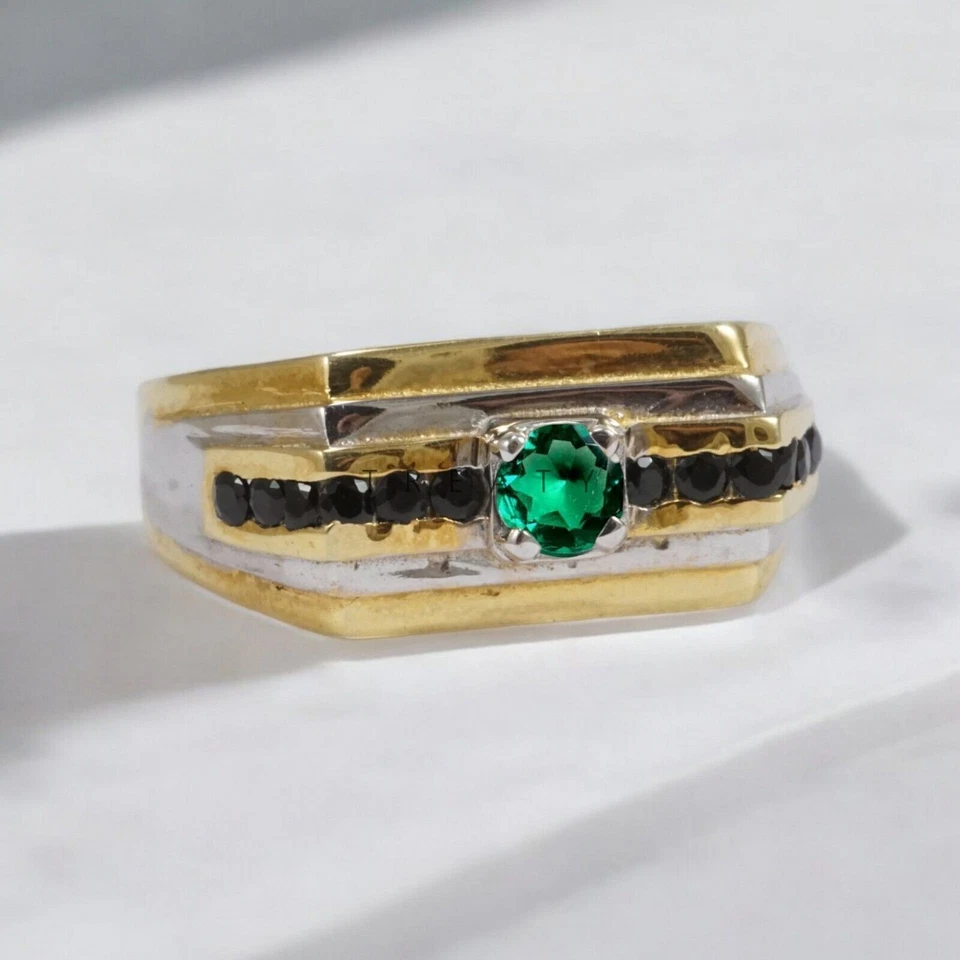 Esmeralda corte redondo con anillo chapado en oro de plata de ley 925 para hombre #946 Foto 4 de 4