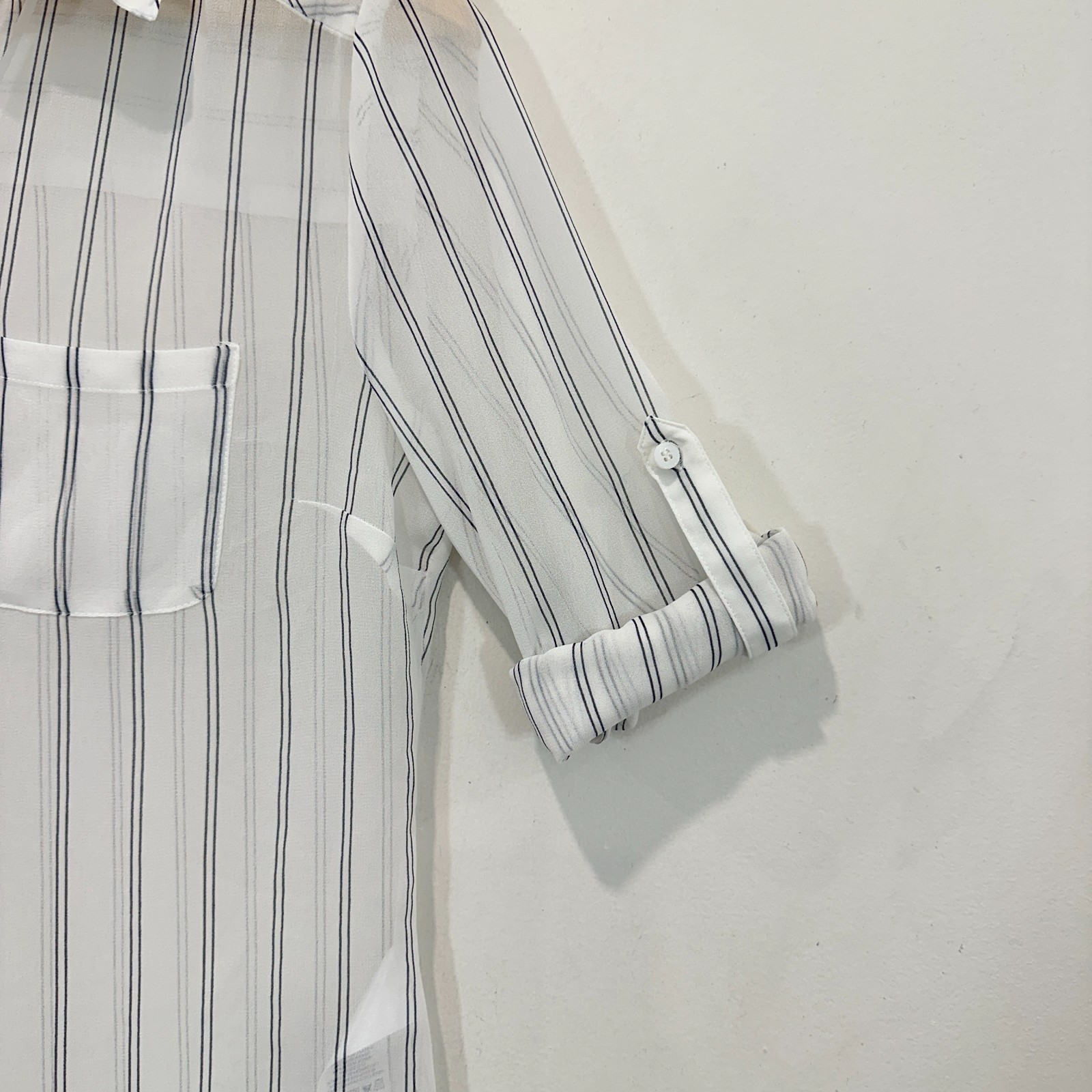 Forever New Top Women AU 6 White Striped Button Up Roll Tab Sleeve Sheer image 10