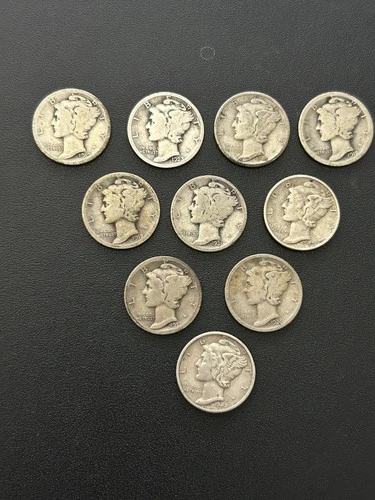 Lot Of 10 Mercury Dimes 90% Silver Various Dates With Free Shipping