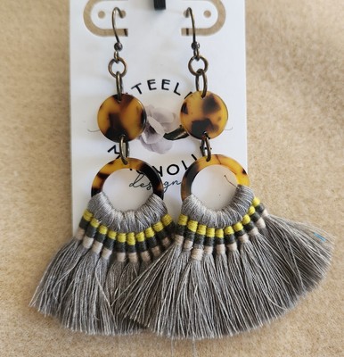 Handmade Fancy Fan Tassel Statement Earrings - Grey & Round Tortoise Resin Link