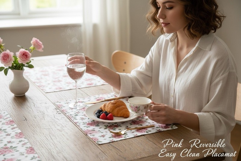 Pink Roses Reversible Easy Clean Placemats – Set of 4 | 12" x 18"
