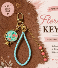 Floral Globe Beaded Key Chain for Women Gold Pink Blue Braided Cord Handmade