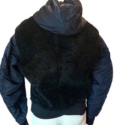 Sandro Paris Shearling Bomber Jacket Black Navy Lamb Fur Hooded 