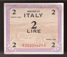 1943 Italy 2 Lire WWII Allied Military Currency, Pic# M11 AU+++