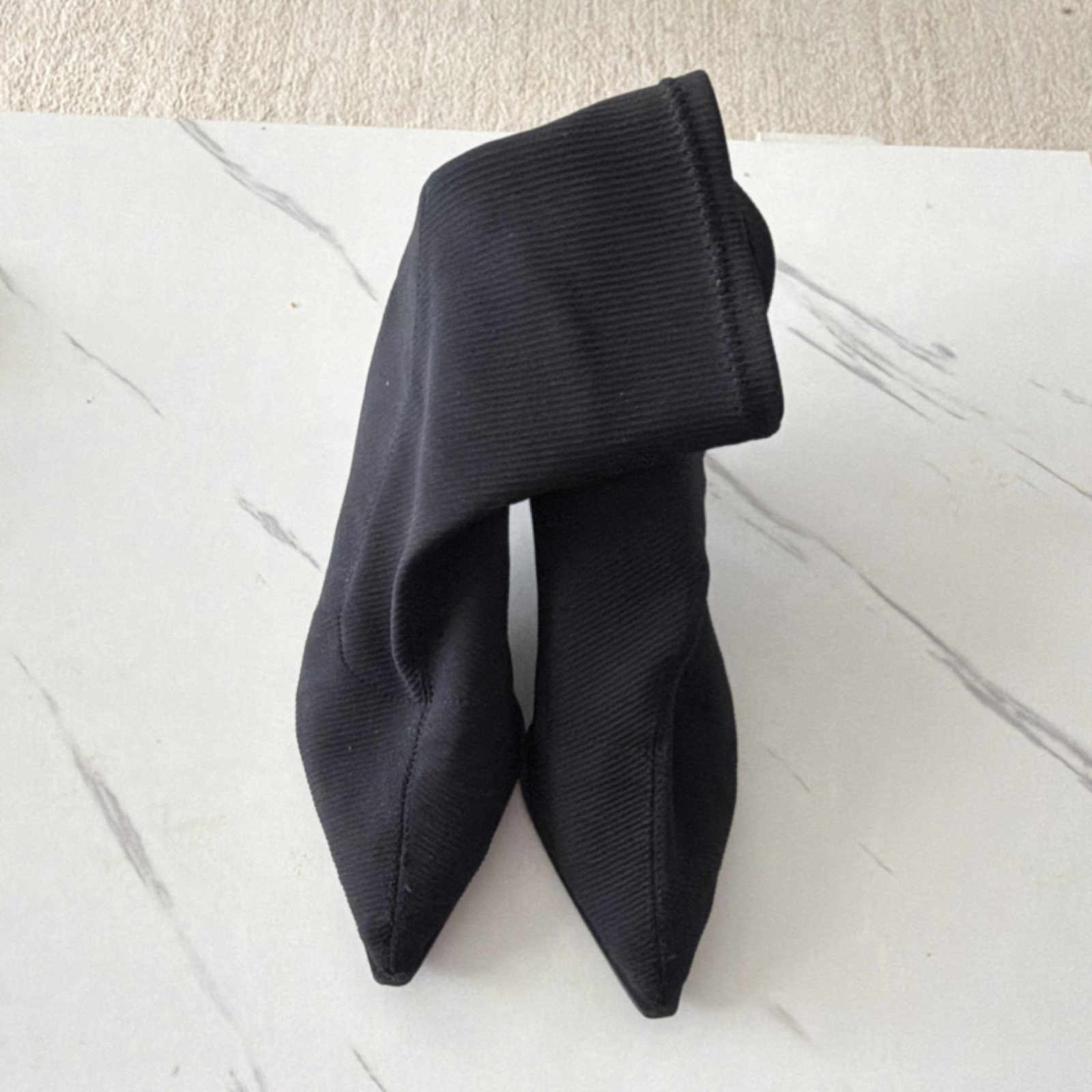 Women’s Black Sock Mid-Calf Boots Pointed Toe Pull-On Stretch Solid Kitten