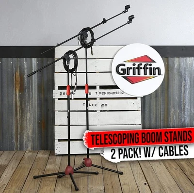 GRIFFIN Microphone Boom Arm Stand 2-PACK Holder XLR Cable Mic Clip Studio Stage