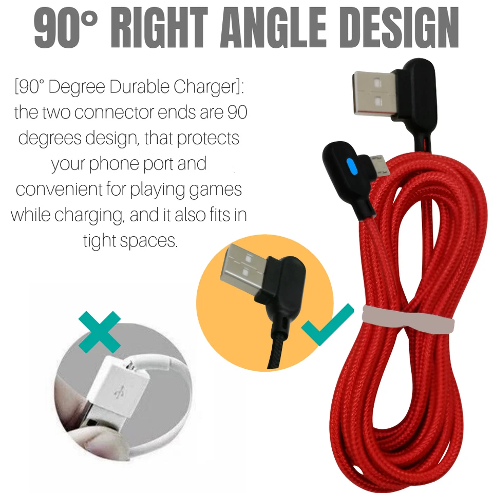 3 Pack 90 Degree Elbow Micro USB Cable Braided Charger for Android Samsung 3/6Ft - Image 3 of 4