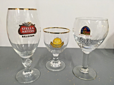 Set of 3  Belgium Beer Glass Leffe, Stella Artois, Grimbergen Chalice Shape EUC