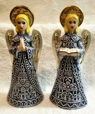 2 Glorious Nativity Angels Gold Halo + Spread Wings Ceramic Statue Figures Glaze
