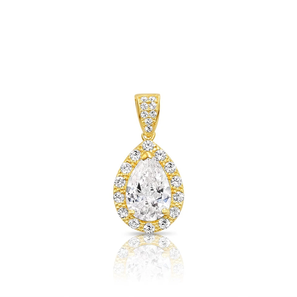 14K Real Solid Yellow Gold Pear-Cut Teardrop Halo CZ Pendant Charm Necklace 18in