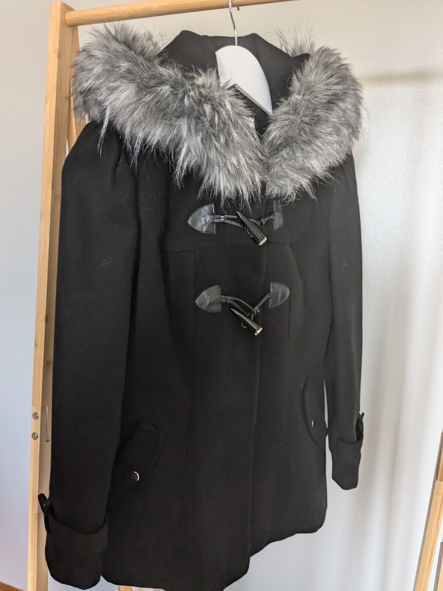 Miss Selfridge Black Mini Petite Duffle Coat Fur oversized Hood