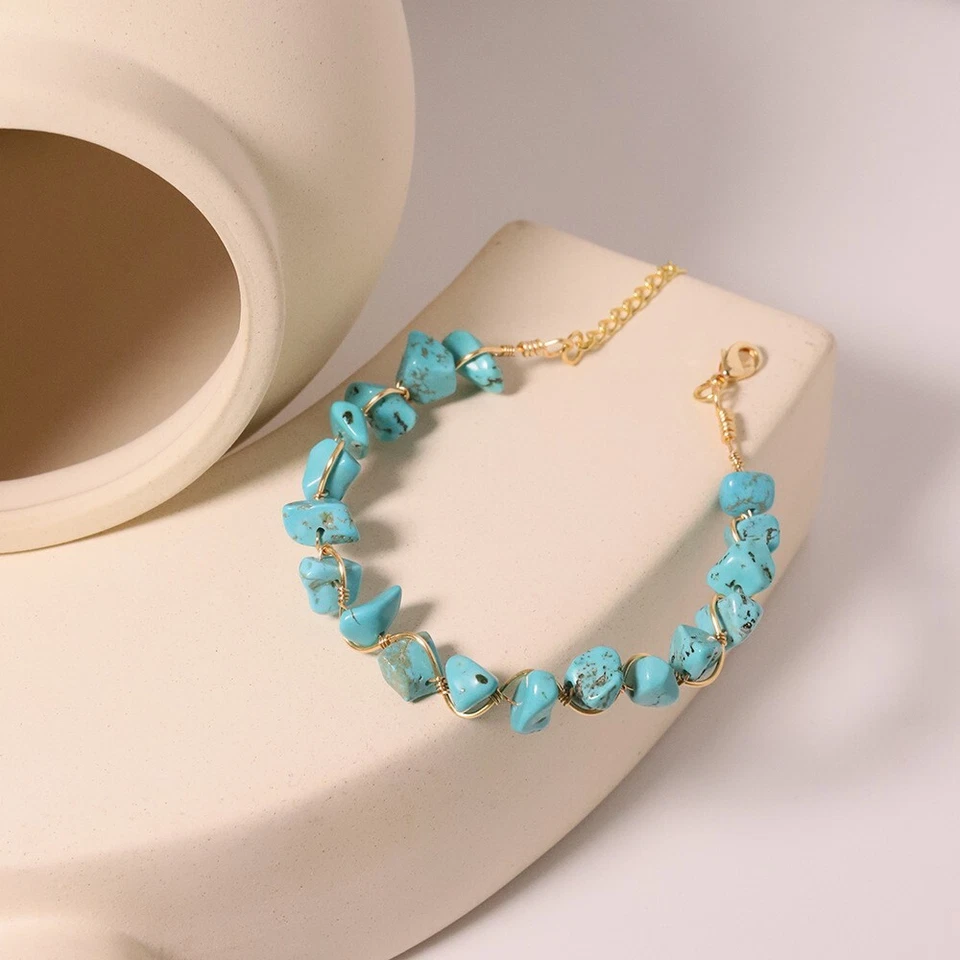 L17 vergoldetes Armband mit Draht umwickelte türkisfarbene Steine - Bild 4 von 4