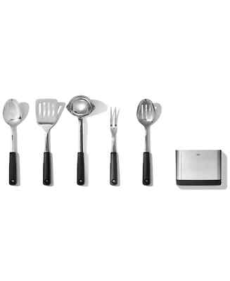 NEW - OXO Stainless Steel Kitchen Tool 6pc Set - Turner/Spoon/Ladle/Fork/Holder