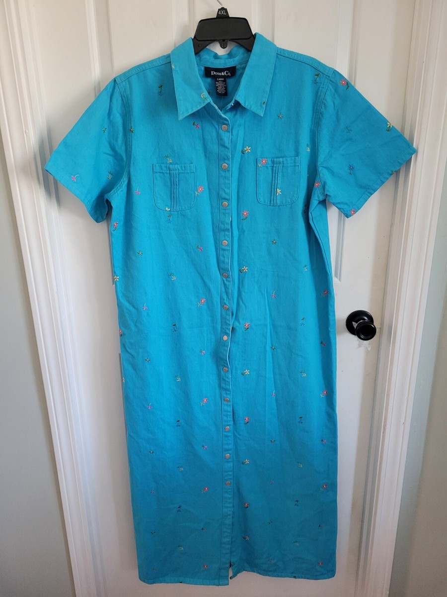 VTG Denim & Co Women's Turquoise Blue Floral Snap Front Maxi