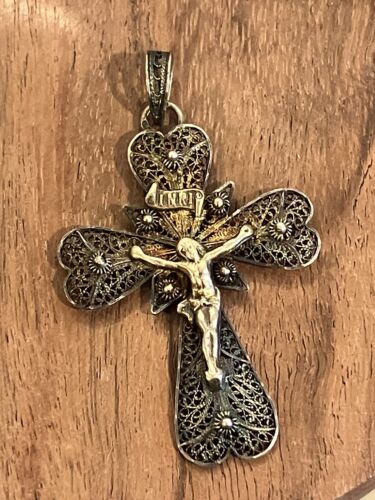 Antiqued Gold Trinity Crucifix Pendant and Necklace Antique -  Portugal