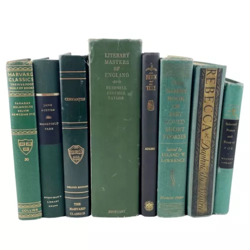 Antique Old Vintage Rare Hardcover Books Lot 8 Green Library Decor Staging Set