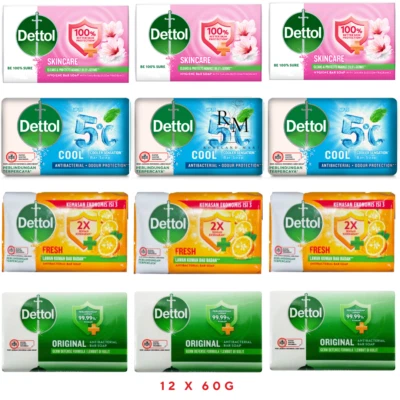12 x 60g Dettol Soap Bar Original, Fresh, Skincare, Cool Antibacterial FREE POST