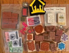 STAMPS Lot of 38 pieces assorted wood rubber clear stamps ink new and used