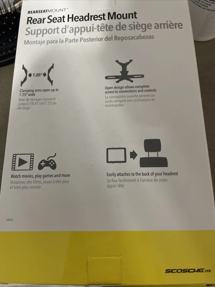  Montaje de reposacabezas de asiento trasero Scosche para tabletas de 8" hasta 10” caja abierta Foto 2 de 2