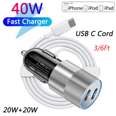 40W Fast Car Charger USB-C Cable For Apple iPhone 15 Pro Max iPod iPad Samsung