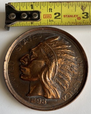 VINTAGE Metal 3'' LARGE SOUVENIR 1898 Indian Head Penny Let  Er Buck Paper Weight