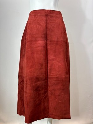 MAX MARA Skirt Women's UK 10 Leather Red Midi Flared Side Split Back Zip