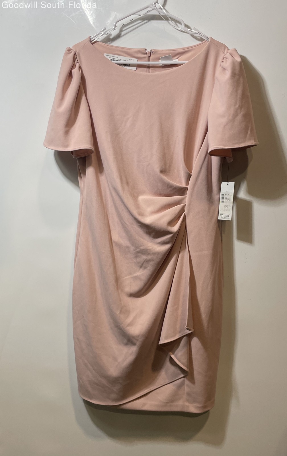 DKNY Womens Pale Pink Puff Sleeve Back Zip Ruched Sheath Dress Size 14 With Tag