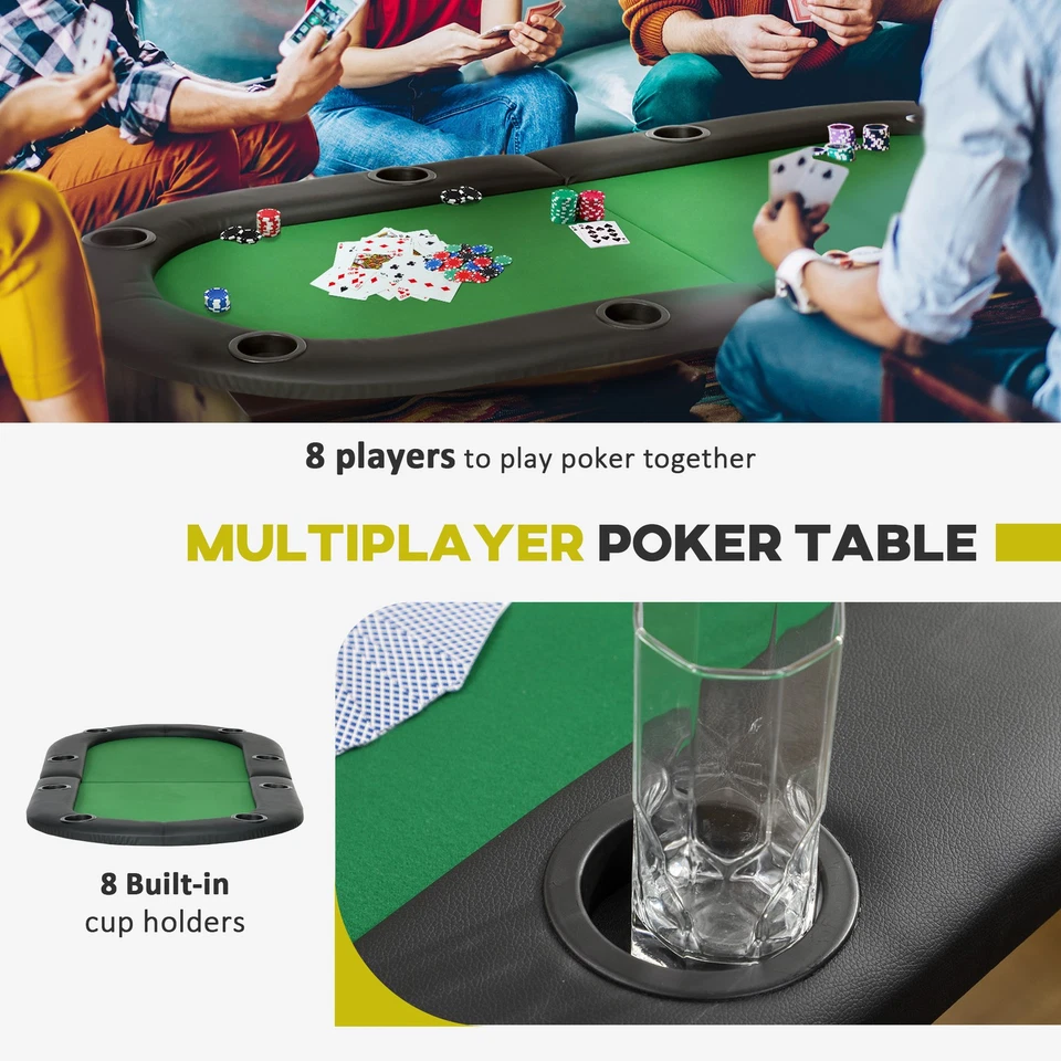 8 Player Folding Poker Table Casino Games with Cup Holders, Metal Base, Green - Image 4 of 4