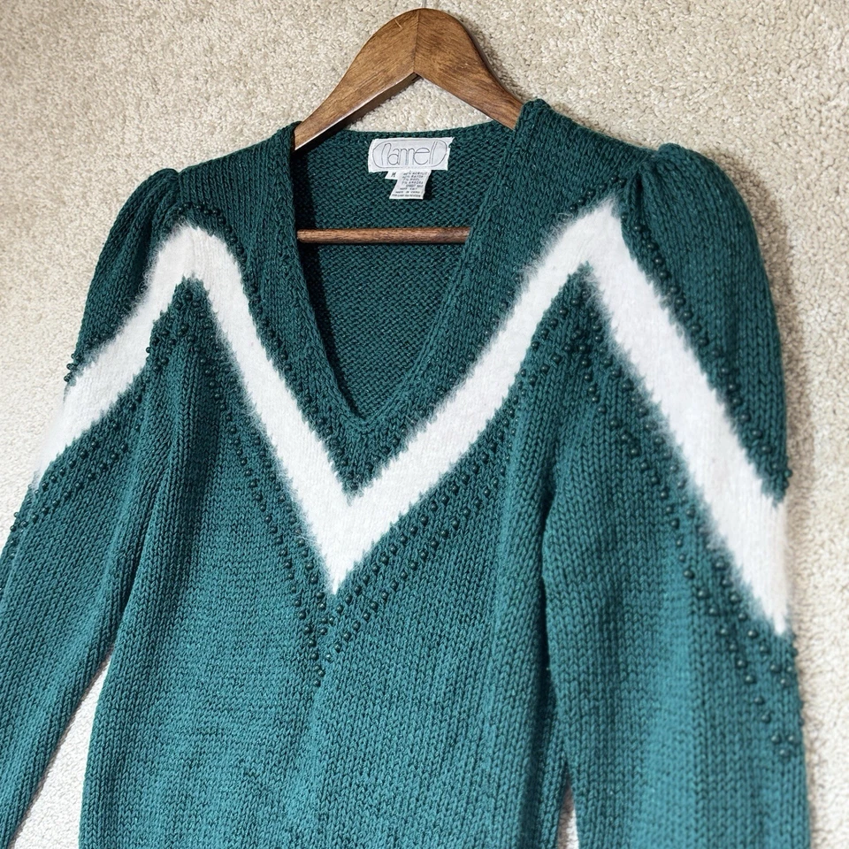 Nannell Mezcla Angora Manga Abullonada M Verde Blanco Chevron Cuentas De Colección Años 80 Foto 4 de 4