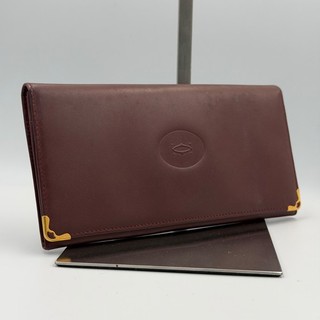 Cartier Bordeaux Leather Long Wallet Bifold Gold Purse Card Case Women Men