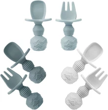 PandaEar 6 Pack Silicone Baby Spoons Self Feeding| Infant Blue Gray 