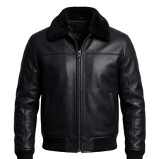 Chaqueta de aviador de cuero real para hombre cuello de oveja abrigo de bombardero de cuero de vaca