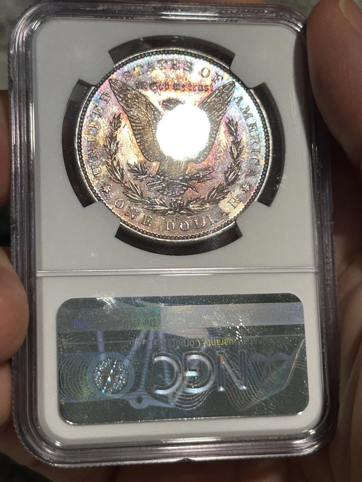 Dólar de plata Morgan 1879 S graduación profesional MS-62 TONIFICADO tono arco iris Foto 4 de 4
