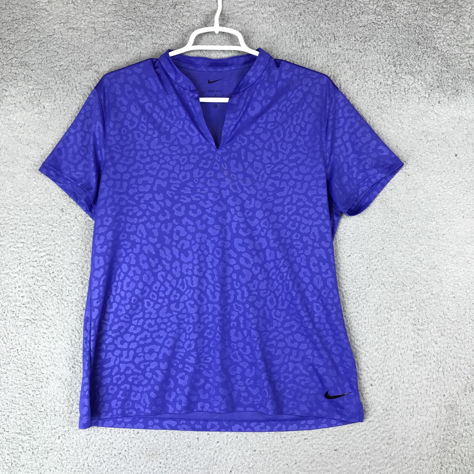 Nike Dri-FIT Polo Shirt Womens Large Purple Animal Print Short Sleeve Top