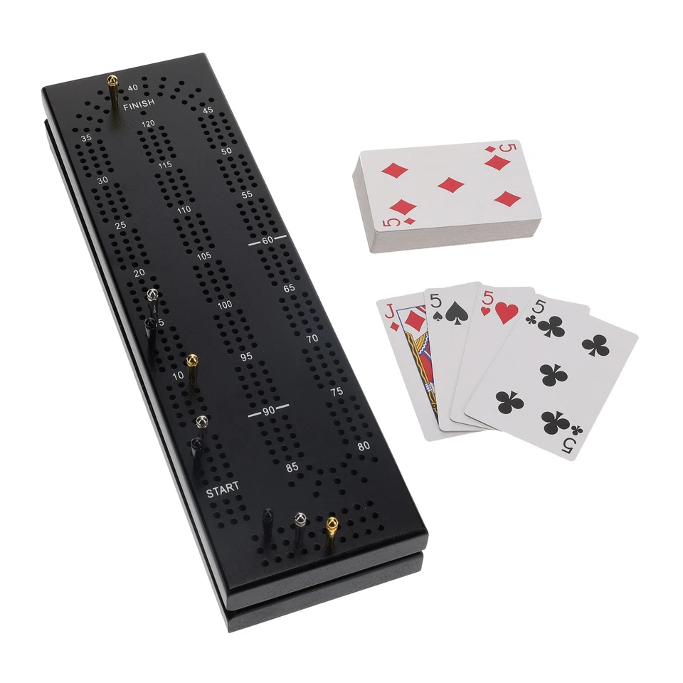 WE Games 3 Track Cribbage Board Game Set with Storage, Black Stained Wood - Image 2 of 4