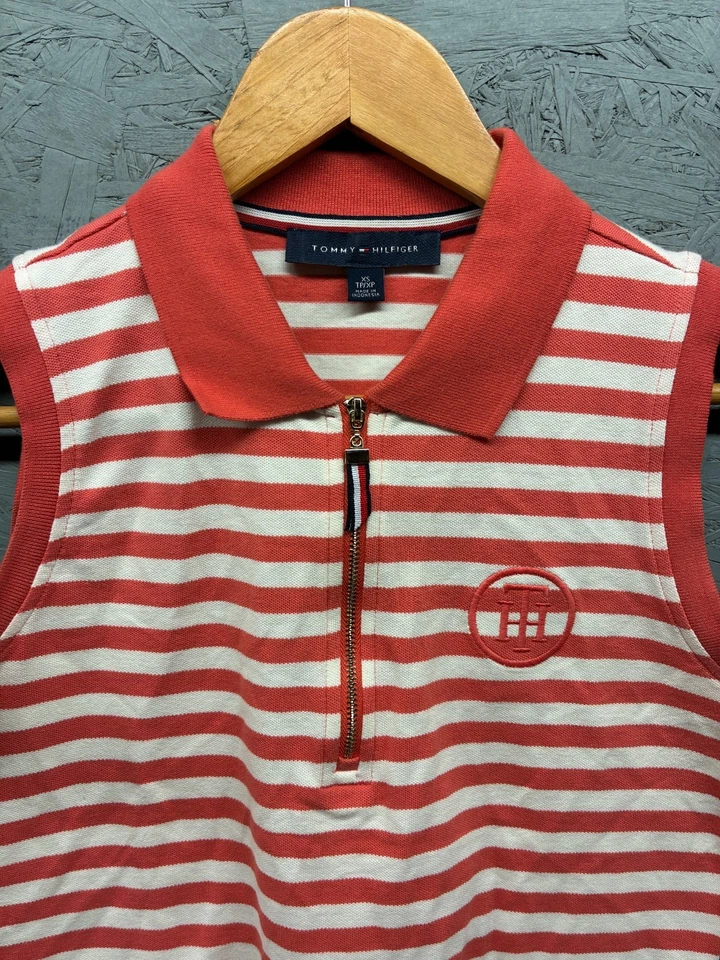 Tommy Hilfiger Sleeveless Polo Shirt Women’s XS Red White Striped Zip - Image 2 of 4