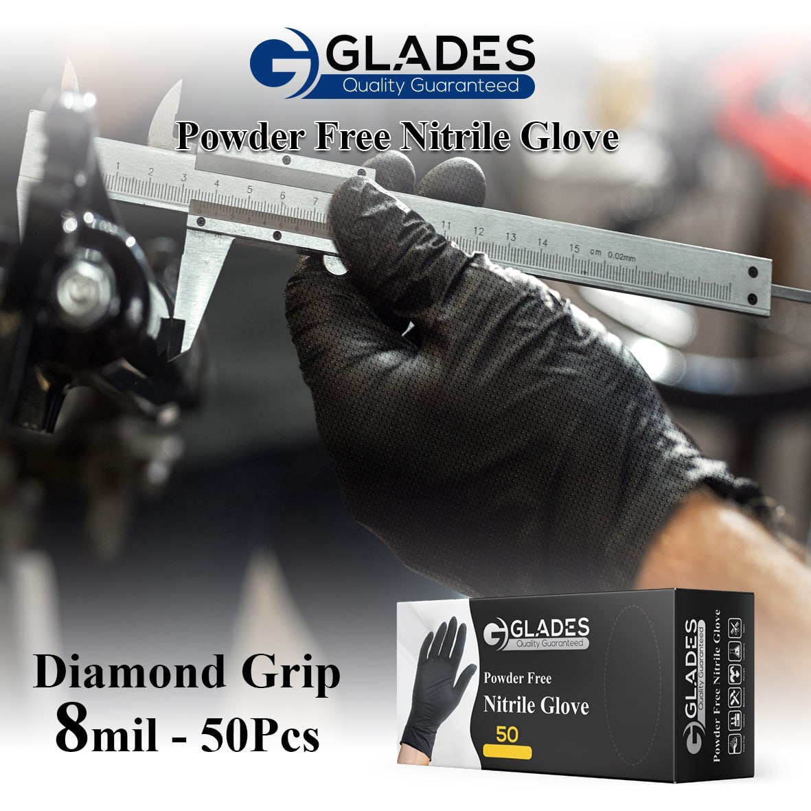 GLADES™ 8 Mil Heavy Duty Nitrile gloves Diamon Texture Indutrial