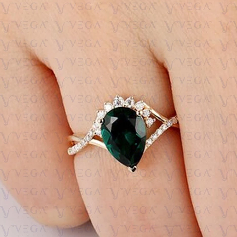 3.90Ct Pear Cut Natural Emerald & Diamond Engagement Ring 18K Yellow Gold Plated - Image 4 of 4