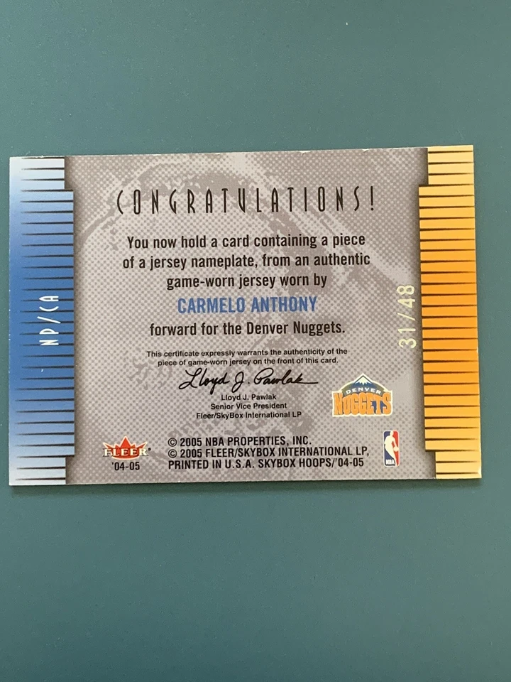 2004-05 Fleer Skybox обручи шильдики Кармело Энтони Джерси нашивка #/48 - Изображение 2 из 2