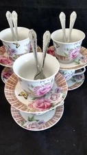 7 oz Coffee 12 Pc Cup Saucer Set Cappuccino Tea PLUS 6 Spoons ROSE 