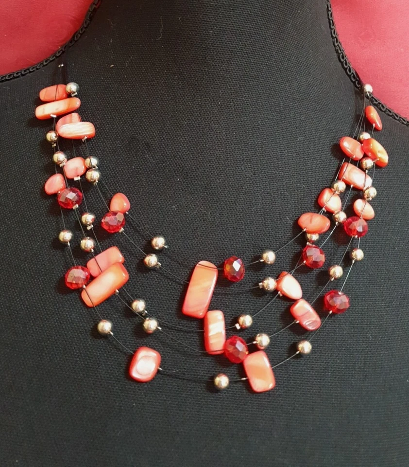 Unikat! Perlmutt & Kristall Kette Collier 5 Reihen, 43-65cm Rot Handarbeit - Bild 3 von 3