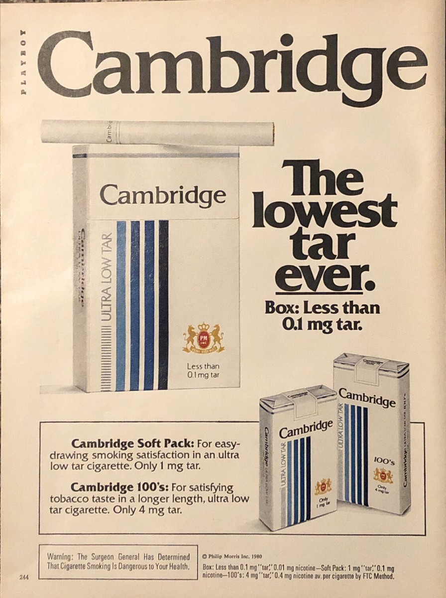 5 mg tar cigarette PRINT AD 1980 Cambridge Ultra Low Tar Cigarettes Soft Pack