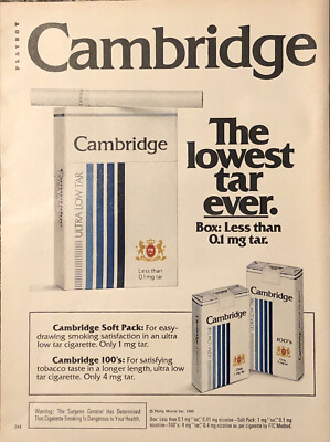 lowest tar and nicotine cigarettes 2025 PRINT AD 1980 Cambridge Ultra Low Tar Cigarettes Soft Pack - Lowest Tar  Ever