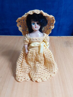 Vintage Dutchess Doll Corp 7'' Sleepy Eyes Black Hair Doll Full Crocheted Outfit