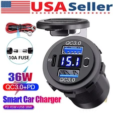 12V-24V PD + QC3.0 Dual USB Car Fast Charger Power Socket Outlet LED Voltmeter