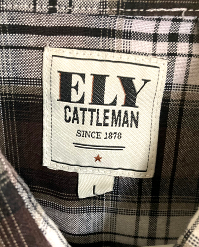 ELY CATTLEMAN Men's Large Western Shirt Brown Plaid Short Sleeve Pearl Snap - Picture 4 of 9